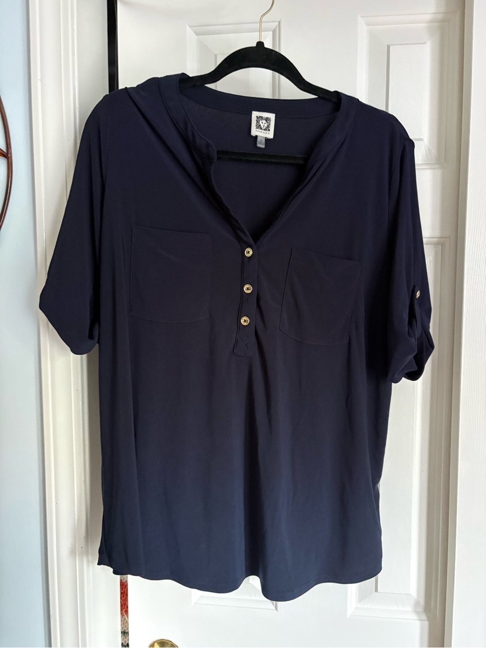 Anne Klein Navy Short-Sleeve Henley Blouse